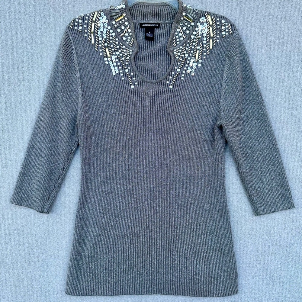 Lauren Michelle Vintage Metallic Ribbed Knit Top Embellished Keyhole Grey M